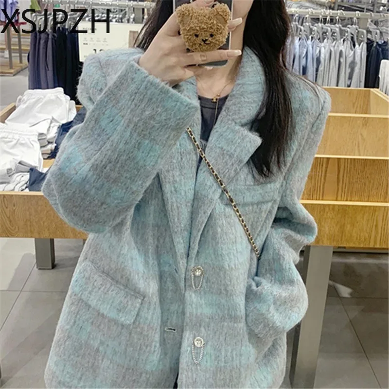 

Vintage Plaid Woolen Coat Female Autumn Winter 2023 New Design Senior Sense Ins Loose Suit Top Office Commuter Suit Jacket