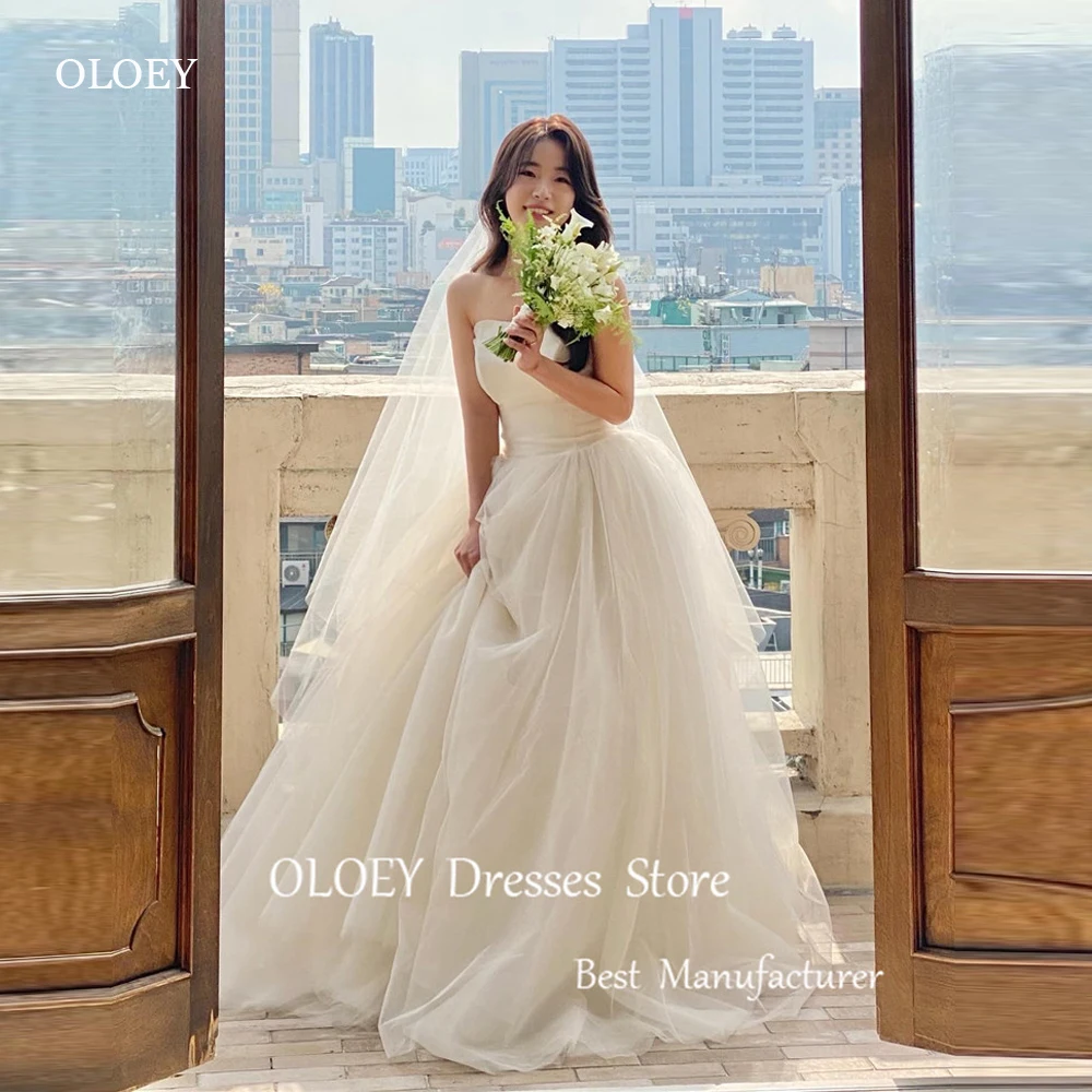 

OLOEY Simple A Line Tulle Korea Wedding Dresses Photoshoot Tulle Bolero Floor Length Corset Back Bridal Gowns With Veil Custom