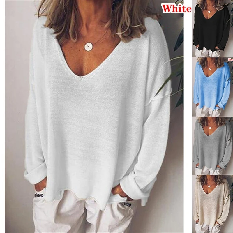 

2023 Summer New Women T-Shirt Autumn Solid Color Casual Versatile Shirts Casual Loose Tops V-Neck Blouses Long Sleeve Shirt