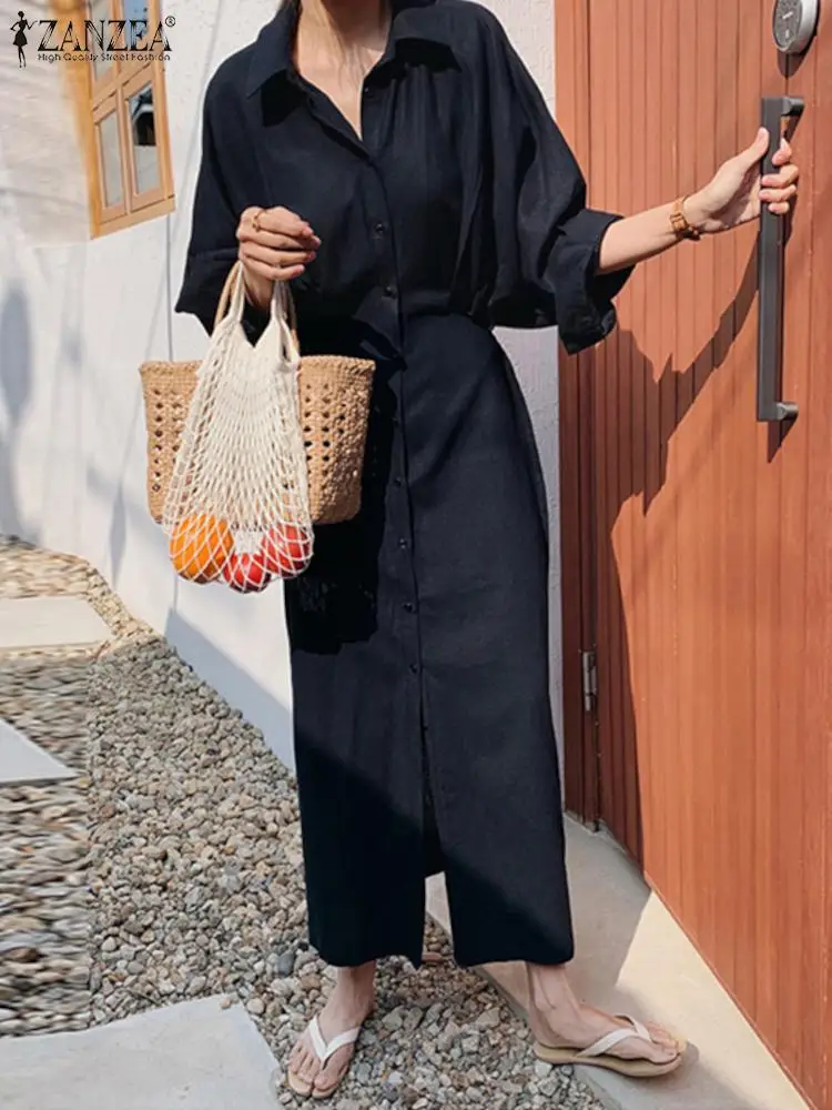 ZANZEA-Vestido camisero de manga larga con cuello de solapa para mujer, ropa informal para oficina y trabajo, para fiesta, 2023 image_2