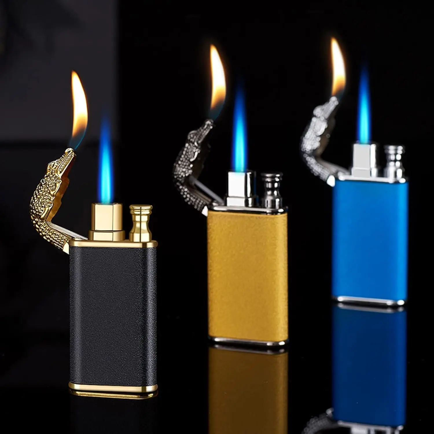 Cool Magic Crocodile Dual Flame Torch Lighter Windproof Jet Torch Lighter Refillable Butane for Outdoor Indoor(Without Butane) butane gas lighter cigarette lighter