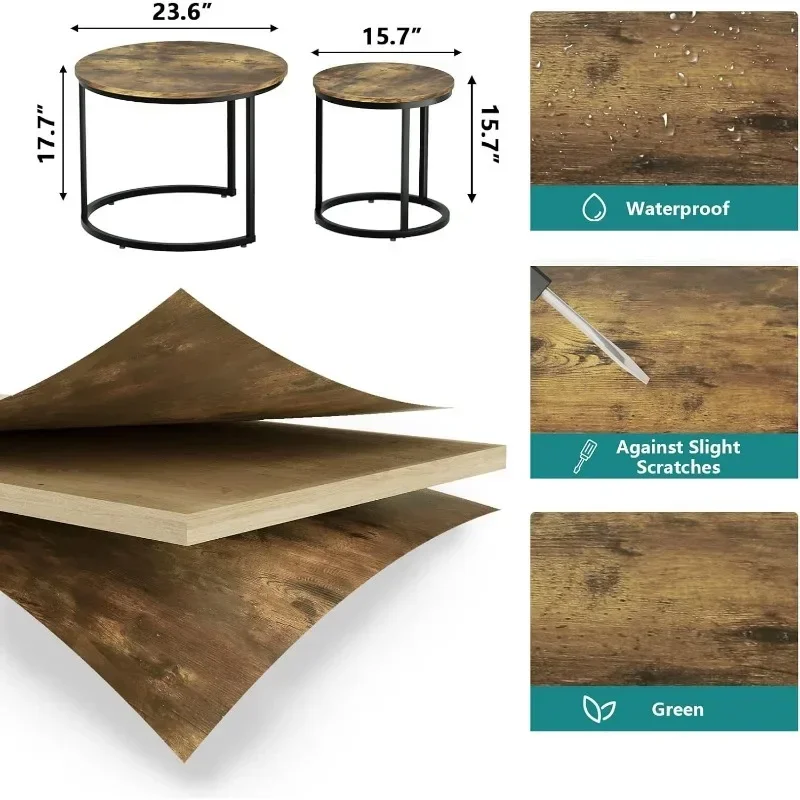 Nesting Coffee Table Set of 2, 23.6" Round Coffee Table Rustic Wood Top with Adjustable Non-Slip Feet, Industrial End Table 2