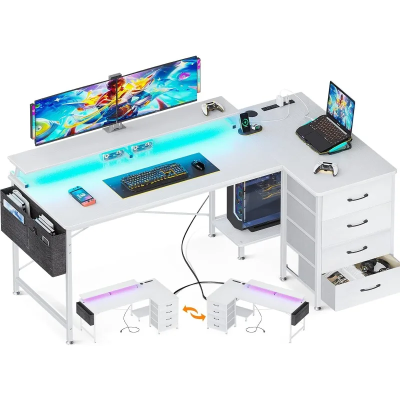 

ODK 55" Reversible L Shaped Computer Desk with 4-Tier Fabric Drawers, Gaming Desk with LED Lights & USB Power Outlets & Charging