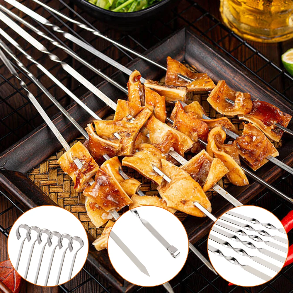 Wide BBQ Sticks Stainless Steel Barbecue Skewer BBQ Utensil Outdoor Camping Picnic Flat Fork 6Pcs Reusable Grill Sticks