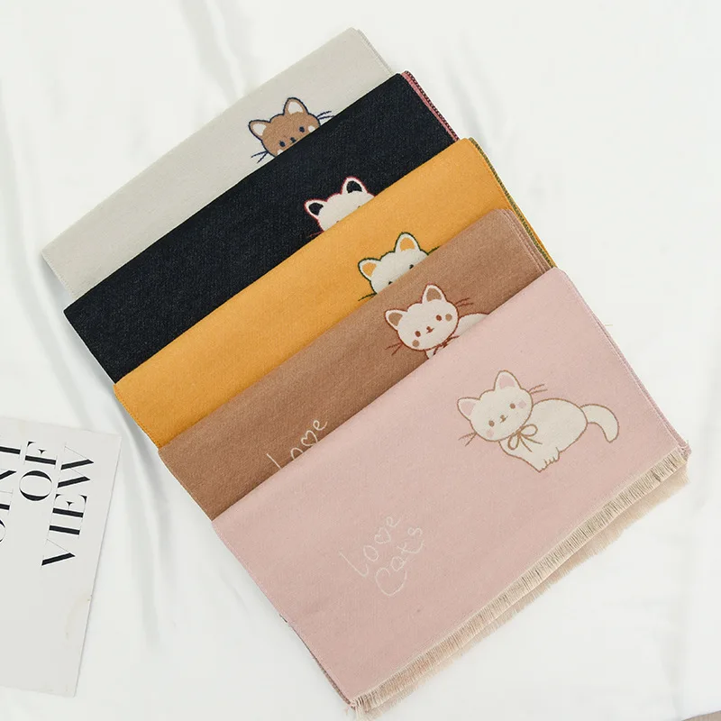 Cute Cartoon Cat Printed Children's Scarf for Boys and Girls Fashion Winter Imitation Cashmere Windproof Warm Scarves Shawl Gift