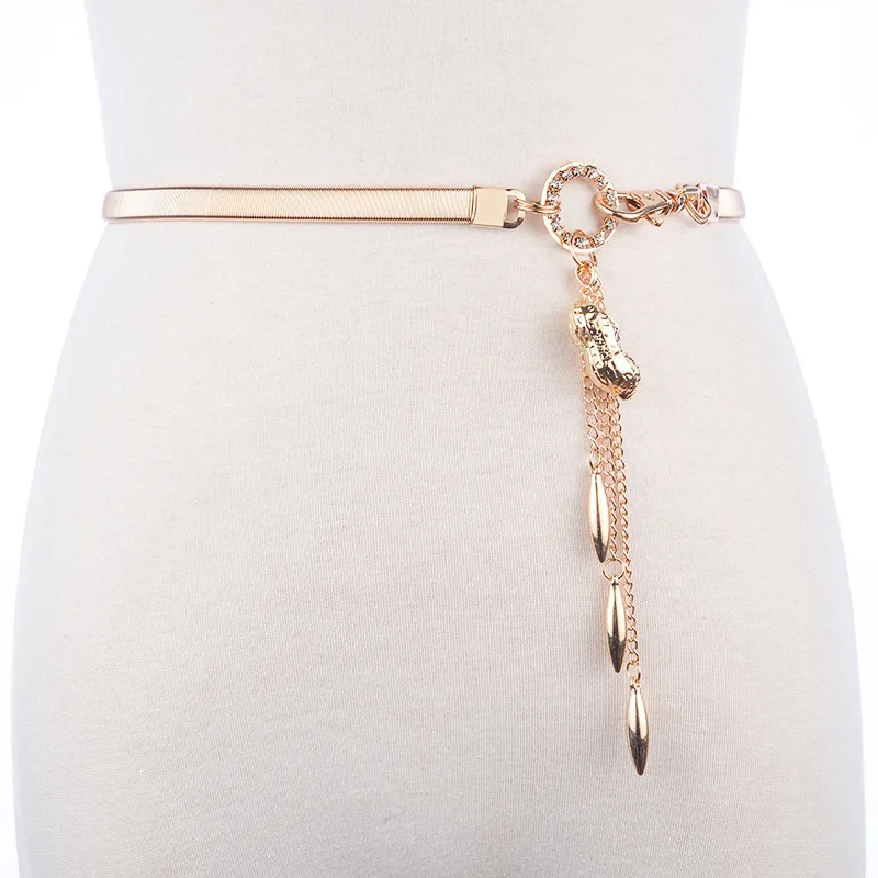 

Women Elastic Metal Chain Buckle Elastic Waist Golden dress Thin Waist Belt Gold with key Waterdrop tassel For Dress BL267