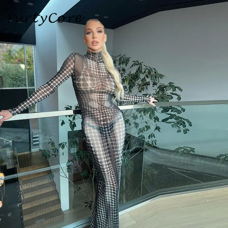 

Sexy Long Sleeve Print Mesh See Through Bodycon Party Club Dress 2023 Spring Turtleneck Y2k Transparent Maxi Dresses Outfits