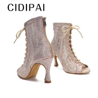 CIDIPAI Female High Top Latin Dance Shoes Woman Rhinestone Ballroom Dancing Shoes Sexy Soft Sole Dance Boots Women Party Shoes 2
