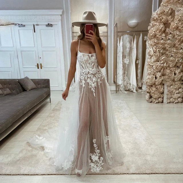 Champagne & Ivory A-Line Wedding Dress with Delicate Lace Embellishments  and Spaghetti Straps Bridal Dress african dresses - AliExpress