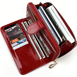 Luxurious Wax Leather Long Wallet with Multiple Card Slots and Wristband Attachment (Burgundy)