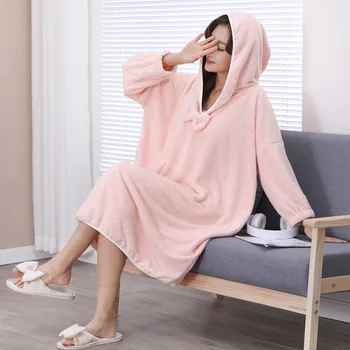 Coral Fleece Long Hooded Bathrobe for Women Quick Dry Soft Hotel Spa Wear Matching Design