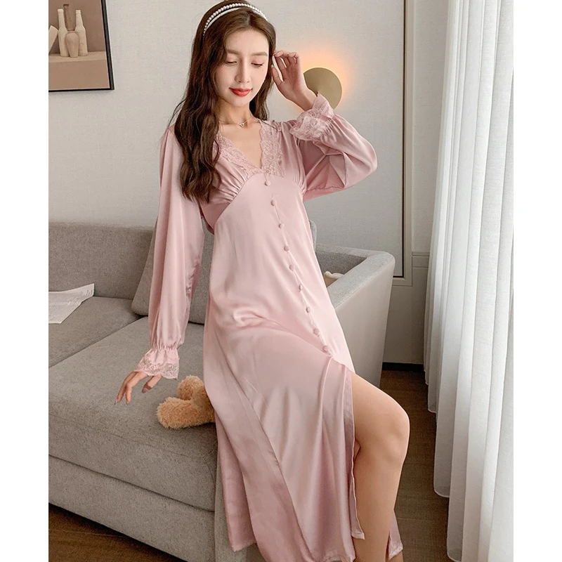 Women's Long Sleeve Nightgown Silk Satin Sleepwear Womens Sexy Satin Lace Aliexpress