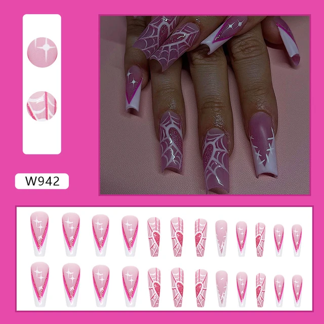 Pink French Spider web extra Gel Luxury crystal fasle nails Ballet Art  Press on nails Nude clear artificial coffin fake nails - AliExpress