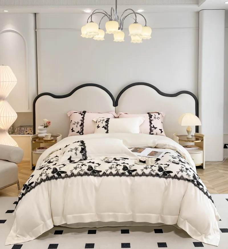 

Premium Eucalyptus Lyocell Silky Soft Comfortable Bedding Black 3D Butterfly Embroidery White Duvet Cover Bed Sheet Pillowcases