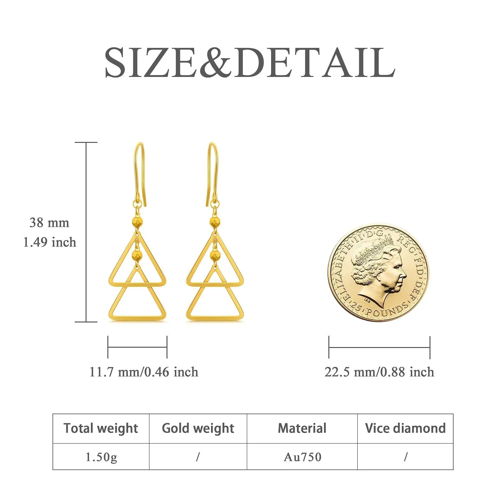 YFN 18K Real Gold Earrings for Women Yellow Gold  Beads Double Triangle Drop Earrings Anniversary Birthday Jewelry Gifts