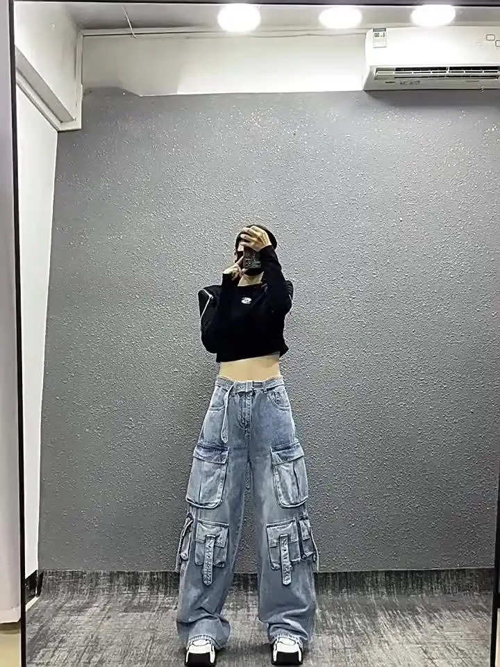Jeans Baggy Pour Fille - Pantalon Large Jambe Droite En Denim - Taille Basse Style Y2K Rétro - Coton/polyester, Coupe Cargo