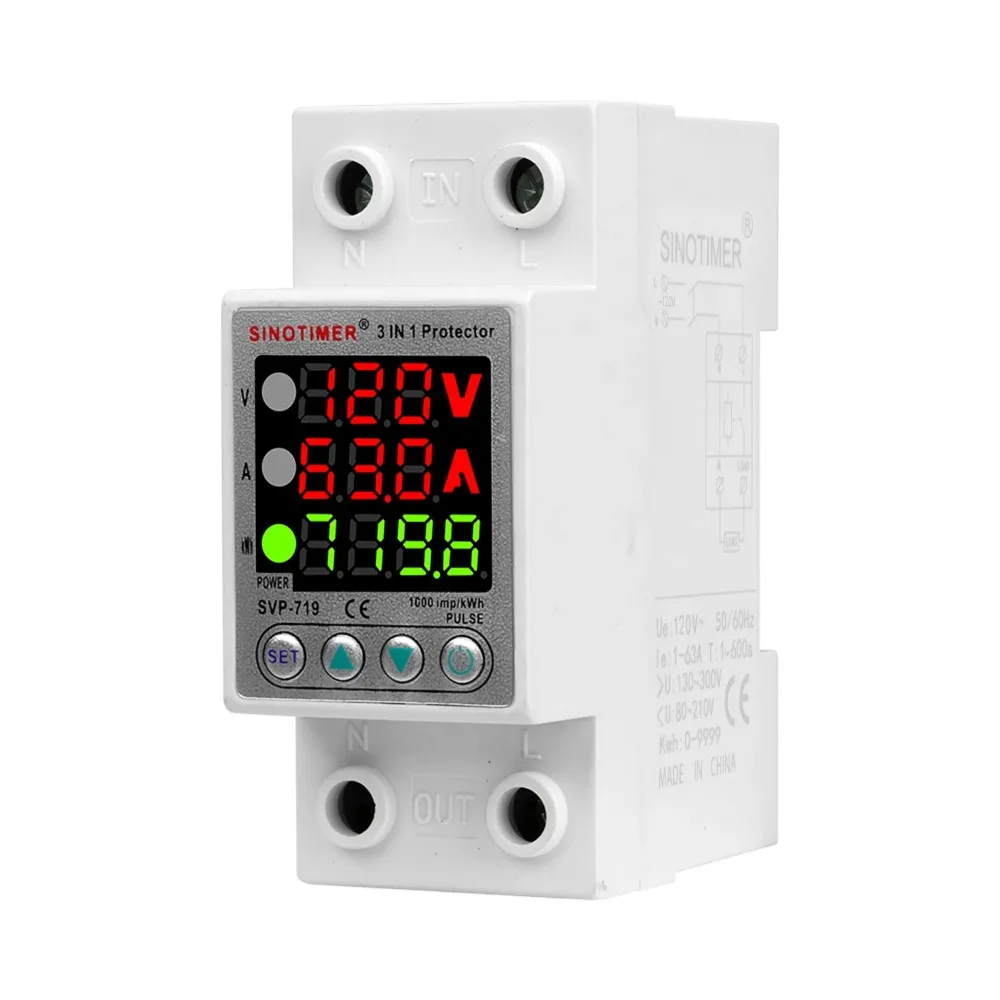 Din Rail Adjust Over Under Current and Voltage Protective Device Protector Relay 40A 63A Power Consumption kWH Meter 110V 120VAC