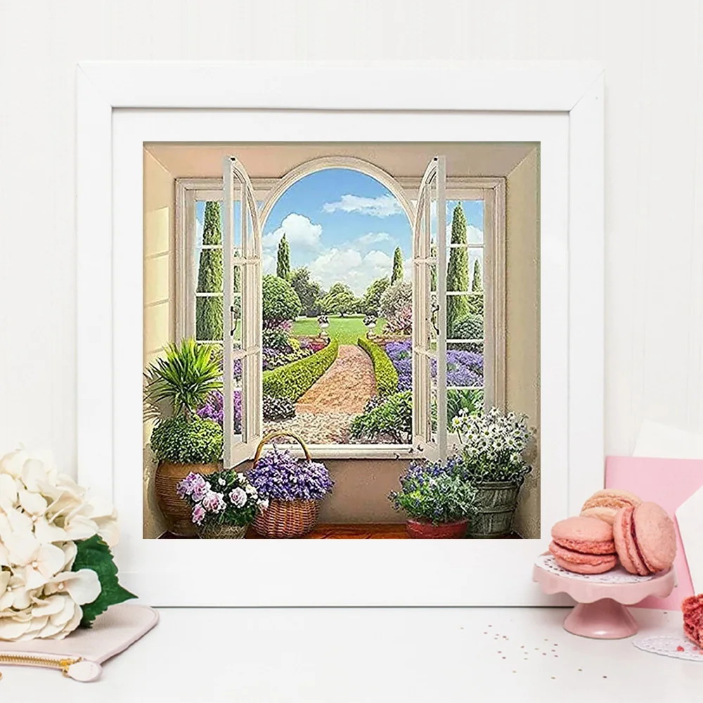 HUACAN 5D DIY Diamond Mosaic Landscape Window Full Drill Square Painting Flower Embroidery Kits Home Decoration