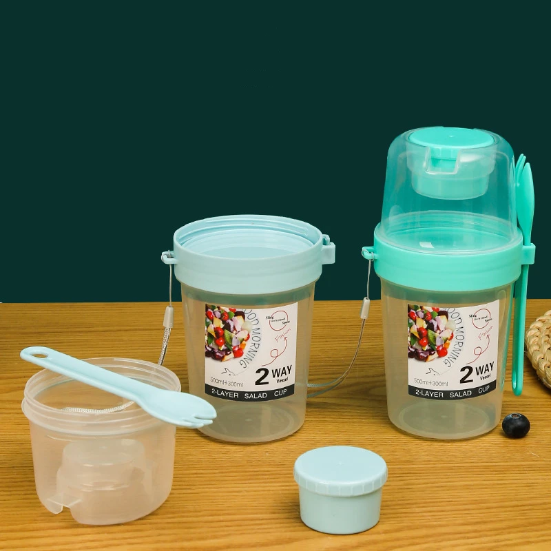 Salad Cup Portable Double-layer Oatmeal Yogurt Nut Fat-reduced Vegetable Fruit Box With Lid Spoon Breakfast Lunch Box