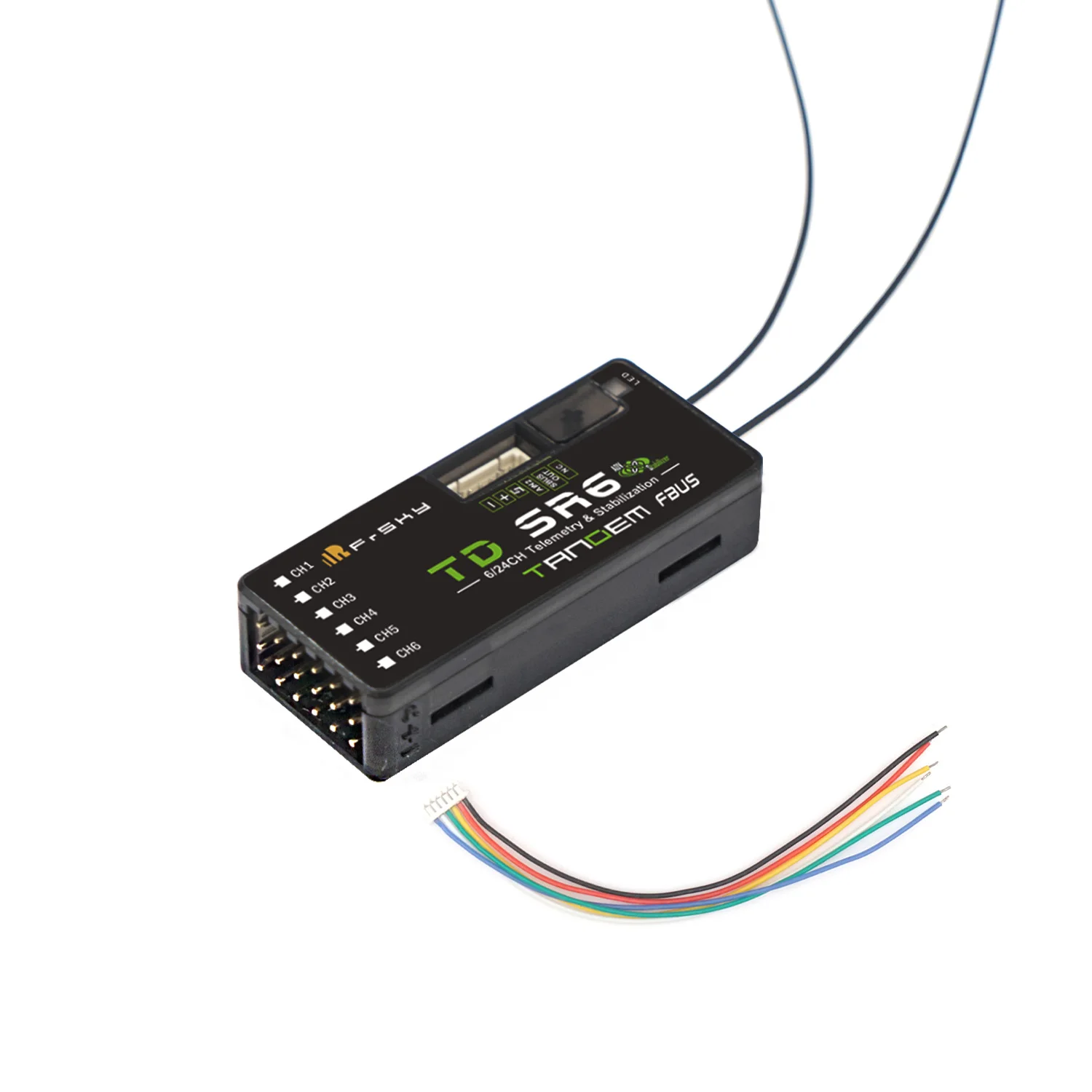 Récepteur FrSky TD SR6 Tandem Bi-Bande – Stabilisation et Portée Exceptionnelle posé sur fond neutre, antennes dépliées.