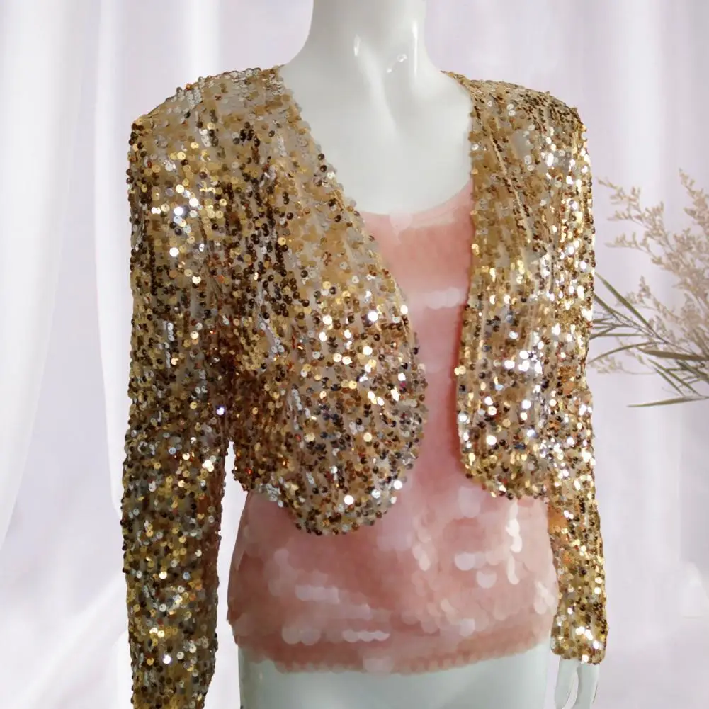 

Sparkling Sequin Women Jacket Solid Color Long Sleeve Sequin Coat Elegant Fashionable Eye-catching Sexy Blouse Women's Clothing