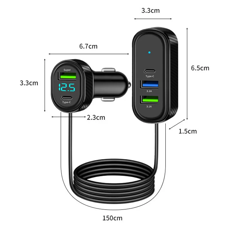 Caricabatteria da auto Super 66W Ricarica rapida USB Tipo C 3.1A Ricarica con rilevamento della tensione con cavo di prolunga da 1,5 M Caricatore per telefono - immagine 6