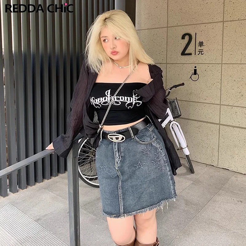 

ReddaChic Vintage Y2k Pentagram Women Denim Mini Skirt Embroidered Star A-line High Rise Short Jean Bottoms Korean Acubi Fashion