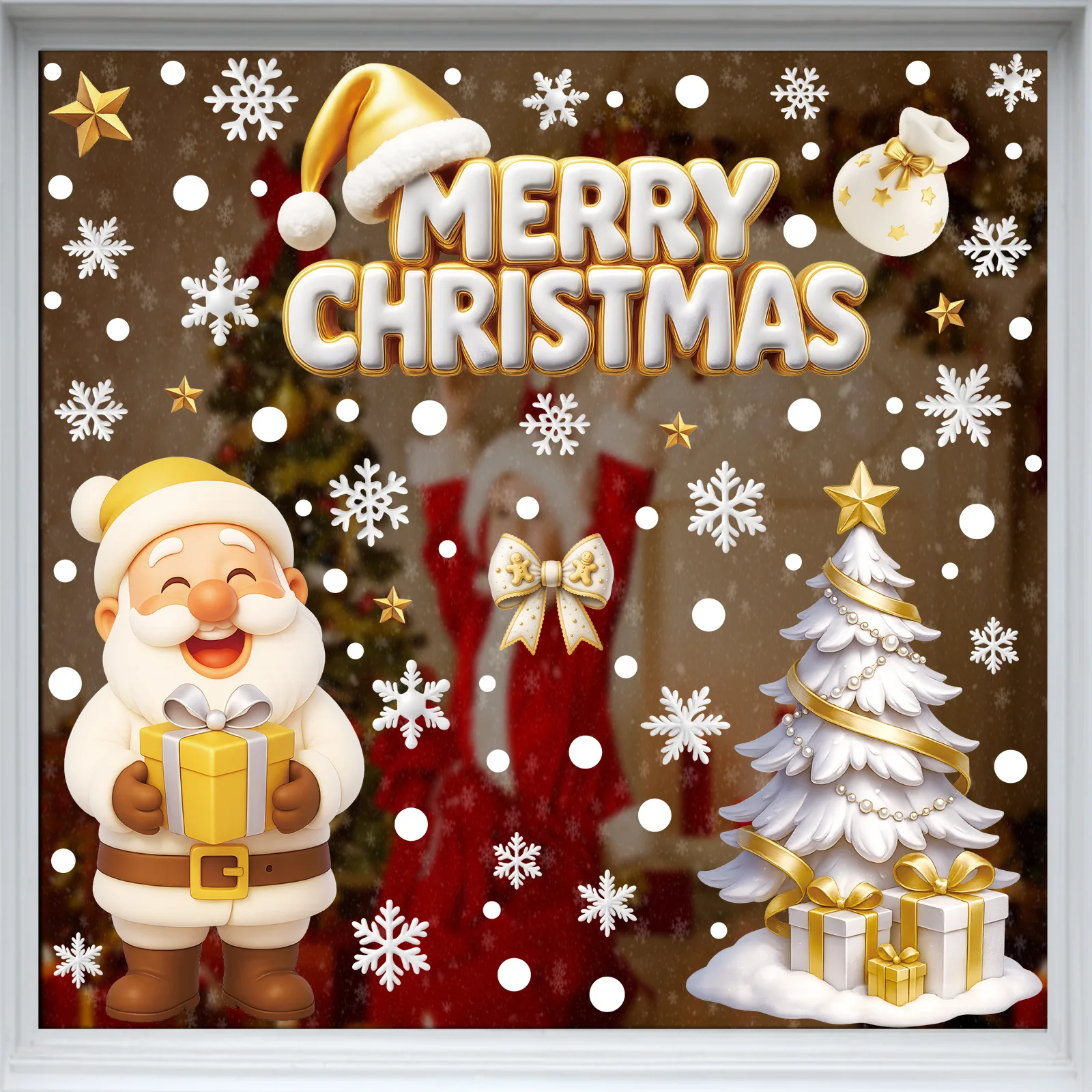 16 Styles Christmas Static Cling Sticker Single Gold Reindeer Snowman Igloo Wreath Design, Holiday Window Decoration for Glass