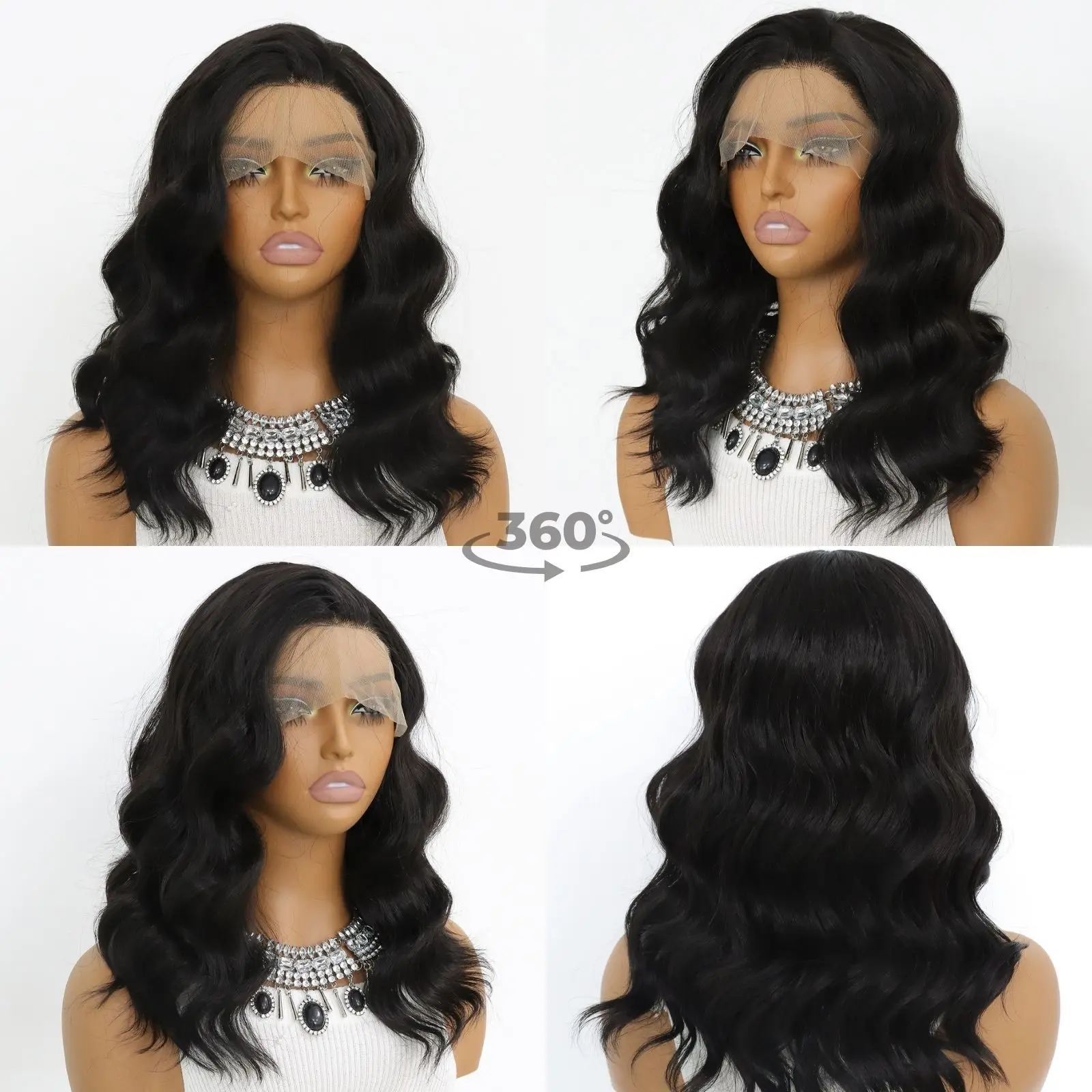 Black Short Body Wave Lace Front Wigs Glueless Natural Wave Synthetic Heat Resistant Fiber Hair Wig With Baby Hair 16 Inch