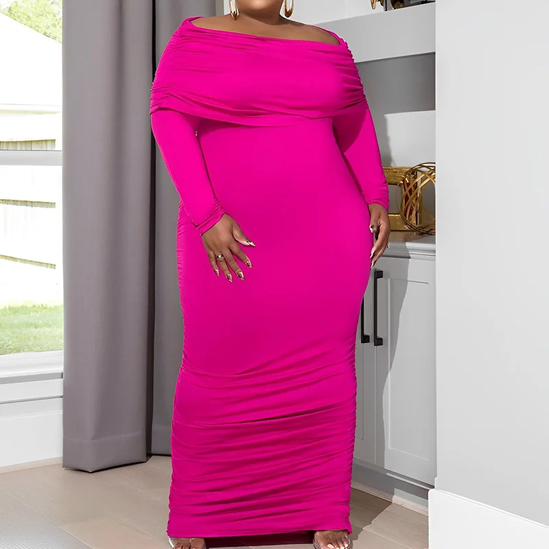 Plus Size Fashion Women Clothing Solid Color One Word Collar Bag Hip Maxi Dress Streetwear Shirring Long Sleeve Knitted Dresses