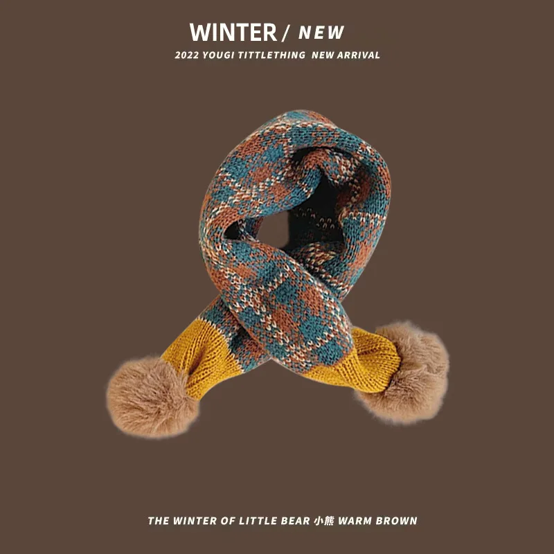 Fashion Checkered Knitted Children's Scarf Winter Warm Windproof Cute Boys and Girls Neck Cover Scarves Clothing Accessories