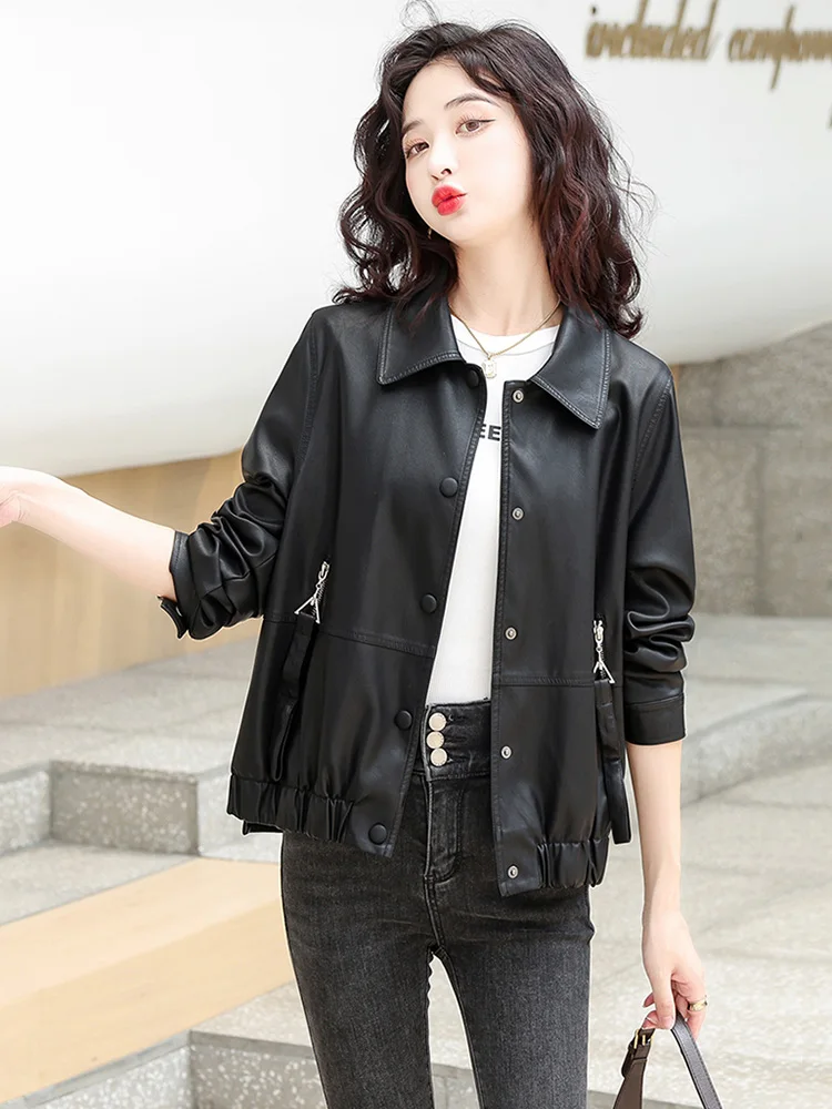 New Women Short Leather Coat Autumn Winter Casual Fashion Turn-down Collar Plus Cotton Liner Warm Slim Sheep Leather Jacket