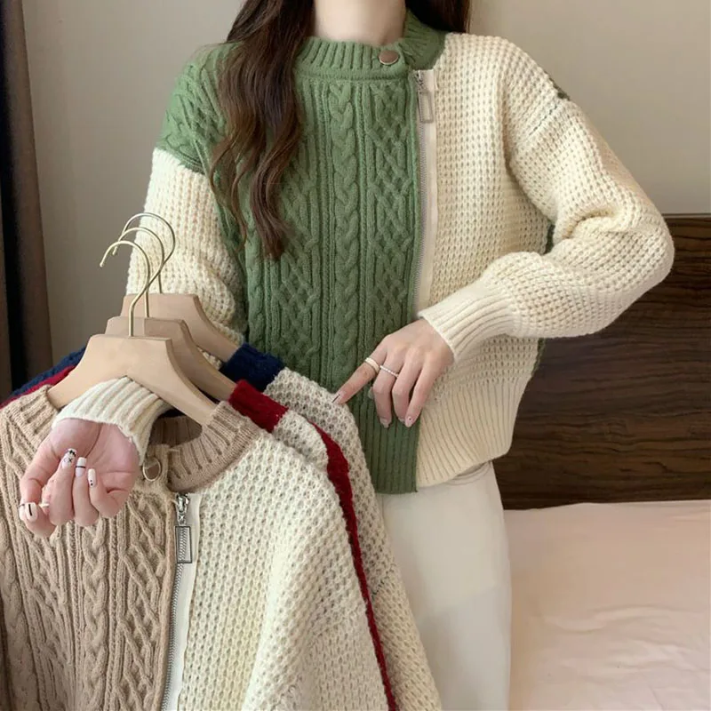 

Lucyever Fashion Contrast Short Sweater for Women Autumn Winter Vintage Spliced Knitted Jumper Long Sleeve Chic Zipper Pullover