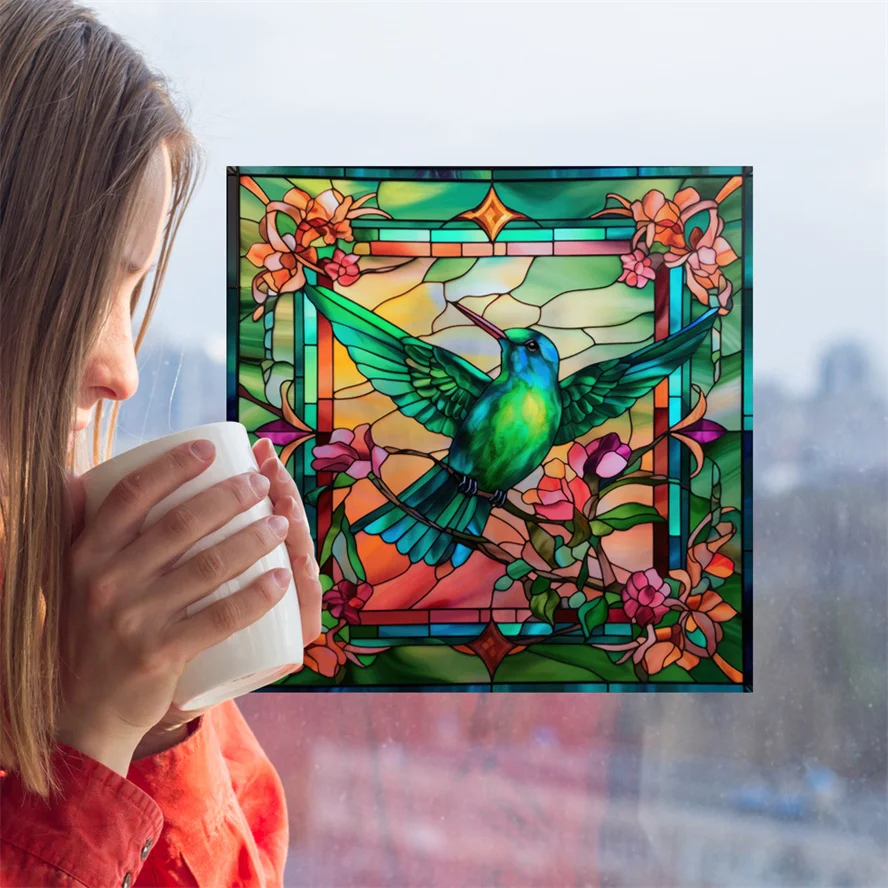 Antique Color Dyed Hummingbird Iris Japonica Window Glass Electrostatic Sticker Detachable Decorative Film Home Decorations