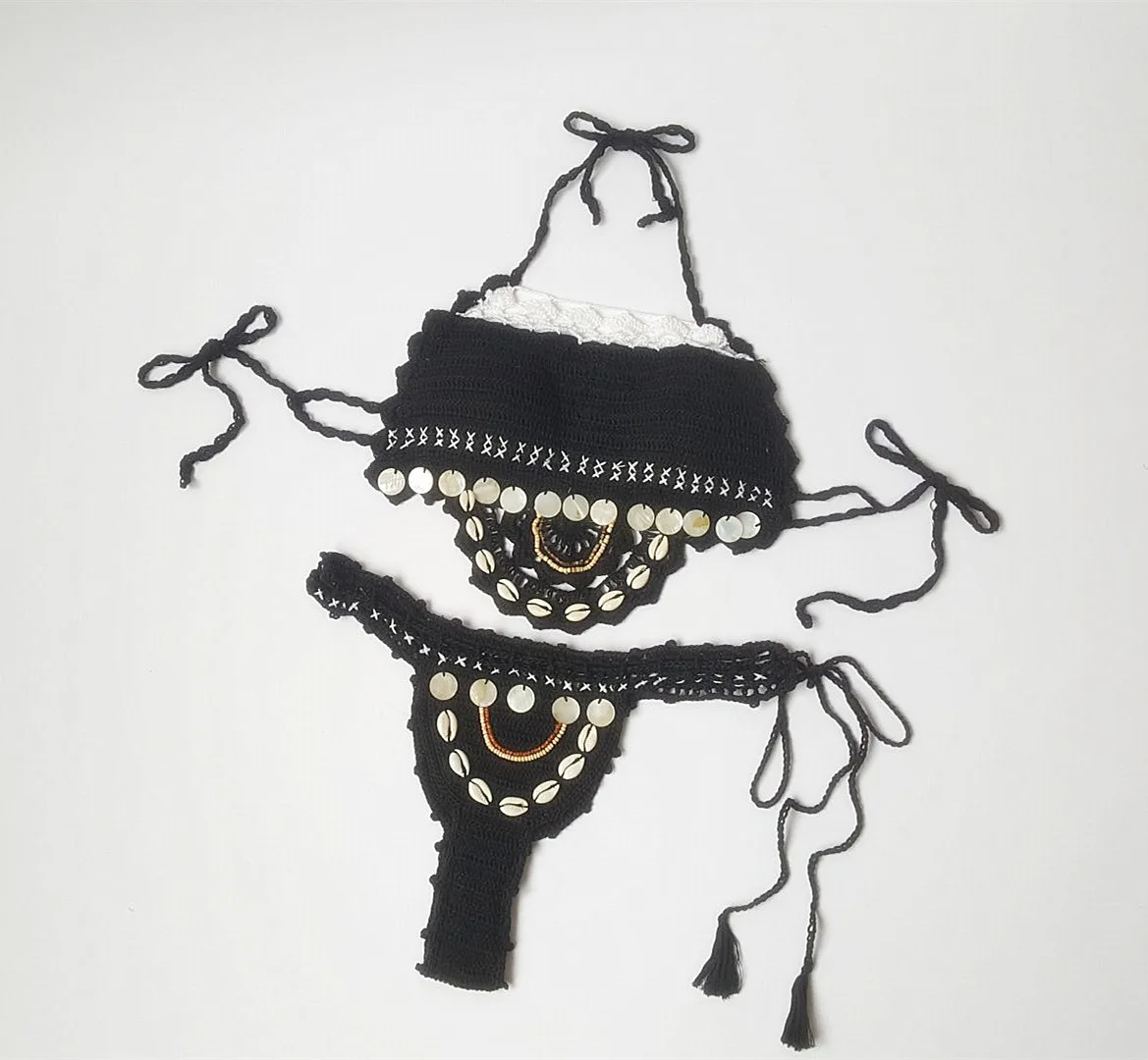 Hand-crocheted Sexy Little Girl Beach Casual Vacation Creative Shell Metal Sequin Embellished Split Body Bikini Set