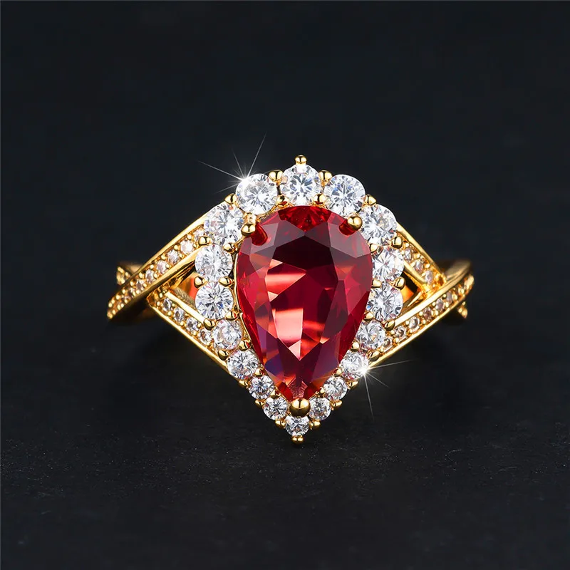 Luxury Female Red Water Drop Zircon Stone Engagement Ring Trendy Gold Color Bride Wedding Jewelry Gift For Women