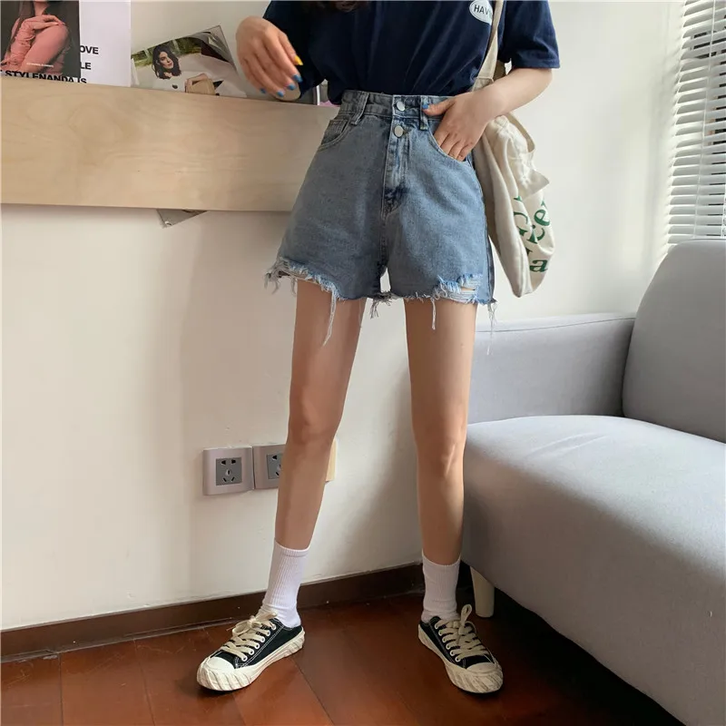 2021 Summer New High Waist Jeans Shorts Women Loose Thin A-line Wide Leg Pants Hot Pants Button Tide Fashion Denim Shorts Female zara shorts