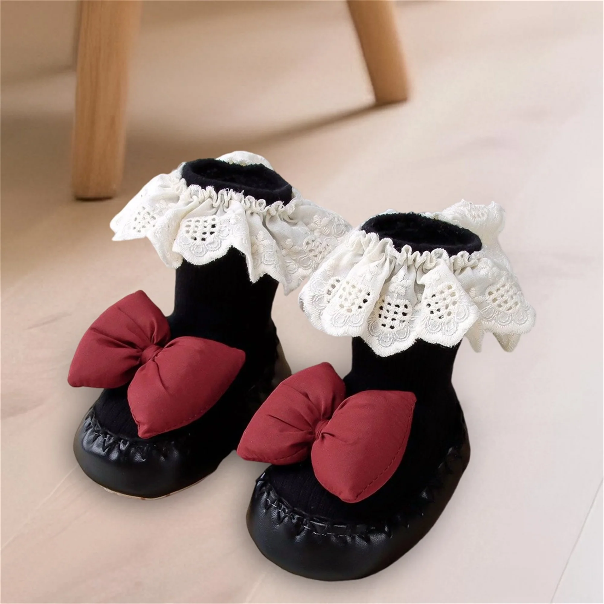Adorable Unisex Knit Booties with Bow Detail and Soft Sole for Infants Cozy First Walker Socks for Indoor Use
