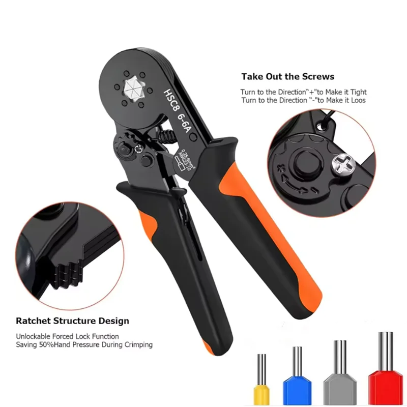 Hexagonal Self-Adjustable Ratchet Ferrule Crimping Tool Kit 23-7AWG 0.25-10mm&sup2; with Ferrule Sleeves Wire Terminals