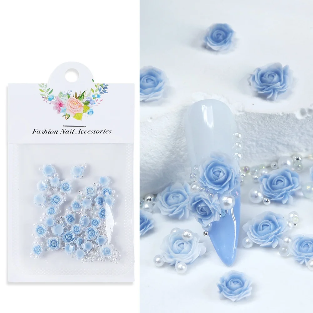 30-Piece Pink Rose 3D Nail Rhinestone and Pearl Charms Set