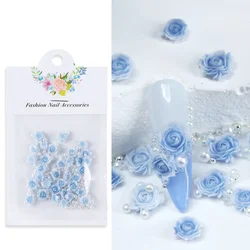 Pink Rose 3D Nail Art Rhinestone & Pearl Charm Set - 30 Pieces (Blue)