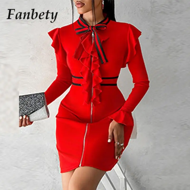 

Elegant Commuter Slim Knit Dress Casual Office Ladies Striped Contrasting Zipper Dress Fashion Lace-Up Bow Collar Splicing Dress