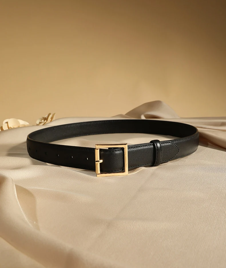 Luxuriöser Damen Echtleder-Gürtel mit Goldener Quadratischer Schnalle Modischer Schmaler Taillengürtel Vintage Damengürtel für Jeans Hosen Kleider – Detail 5