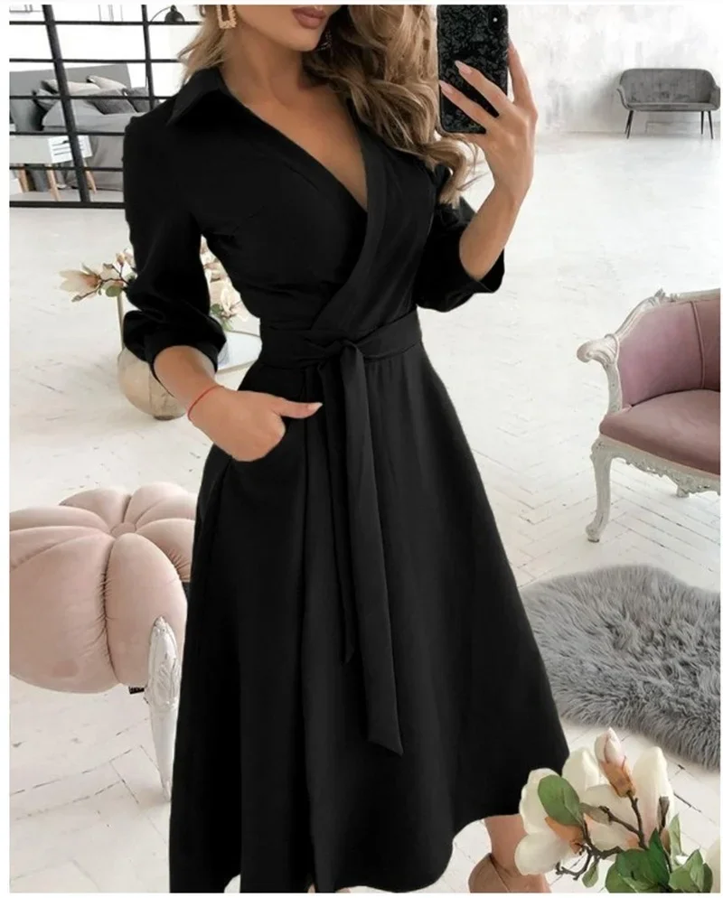 

Winter Long Sleeve V-neck Bandage Shirts Dress Elegant Office Lady Formal Party Dresses Oversized Female Casual Clothing Spring