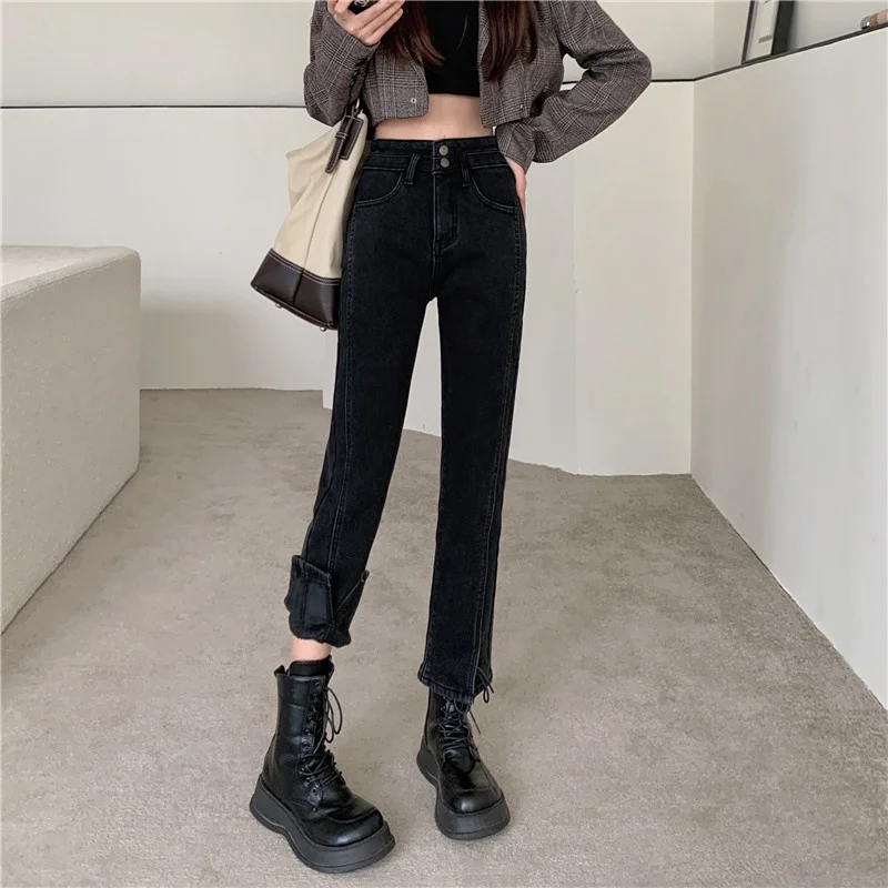 

Women Jeans High Waist Streetwear Vintage Simple Office Korean Casual Fashion All Match Harajuku Split Velvet Straight Pants