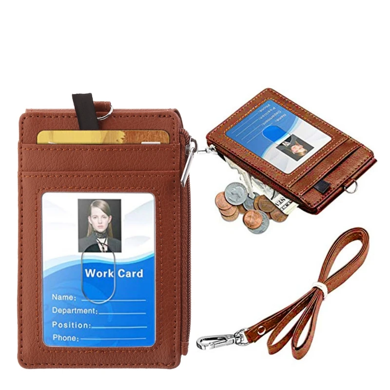 ID Badge Holder with Retractable Lanyard, 4 Card Slots, Premium PU Leather ID Card Holder with Zipper Pocket, Easy Swipe ID Holder for Work ID, School