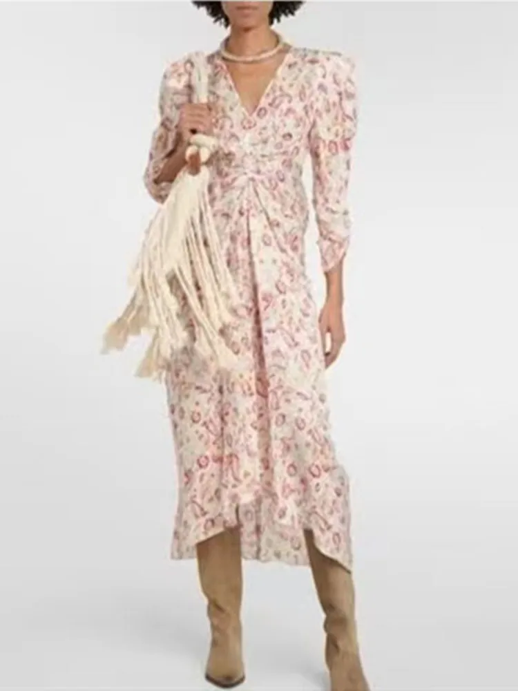 

Women V-Neck Floral Print Midi Dress 2023 Spring Summer Ladies Long Sleeve Slim Fit Ladies Asymmetric Elegant Long Robes