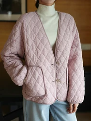 QOERLIN Designer Jacket Women Long Sleeve Winter Coats Jacket Winter Warm Quilted Jacket Pocket Single-Breasted Button V Neck