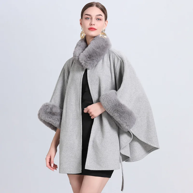 DEAT Autumn Spring New Fur Neck Cape Belt Woolen Coat Women Loose Batwing  Sleeve Thicken Warm Elegant Female Outwear 15G0284