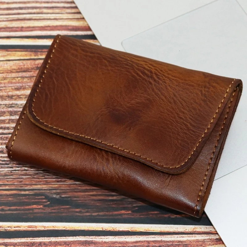 Vintage Genuine Cowhide Leather Compact Wallet - Handmade Unisex Card Holder & Coin Purse